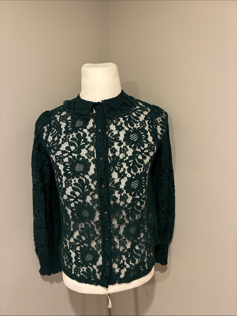Cable & Gauge Dark Green Floral Lace Button-Up Blouse